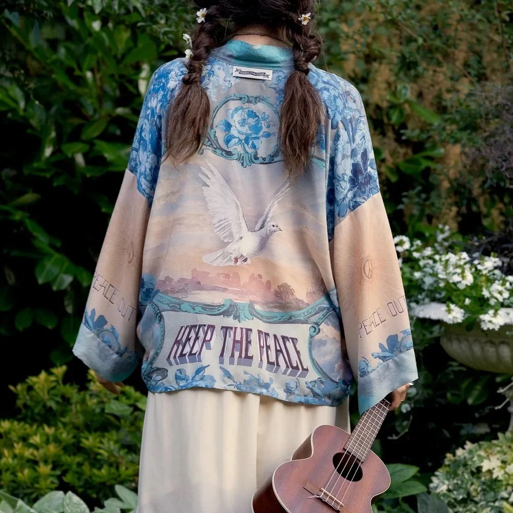 ⭐️Market of Stars⭐️ PEACE OUT Vintage  Art Lightweight Flowy Summer Cardigan - Picture 6 of 16